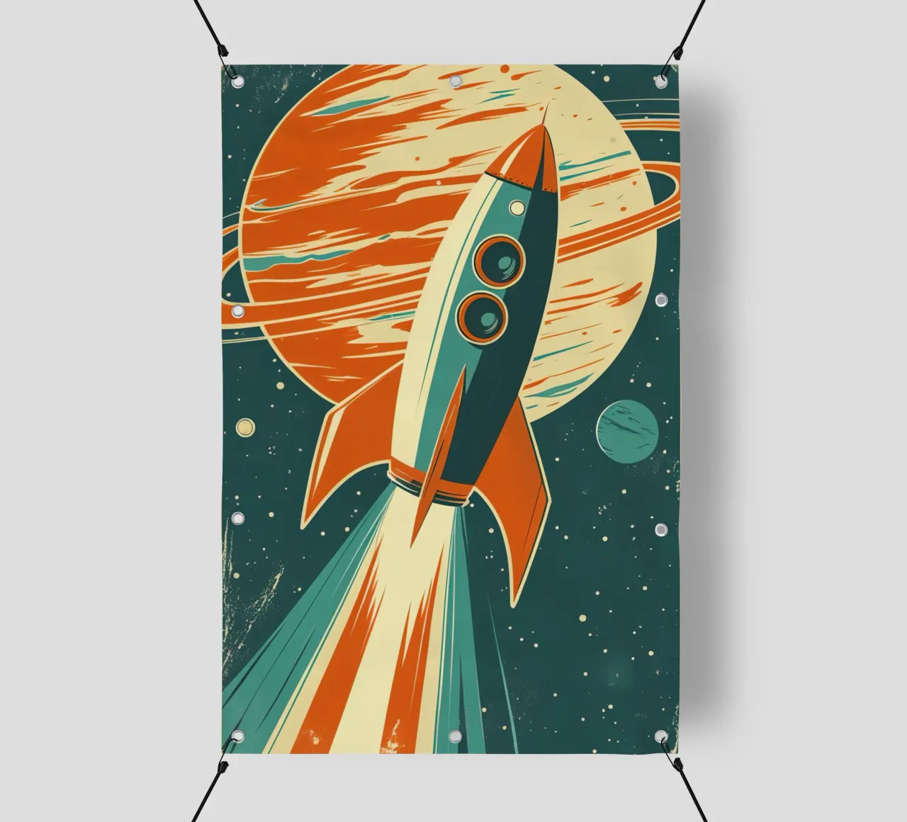 Lancio di un razzo retrò con Ringed Planet telo in pvc da DesignDoodle