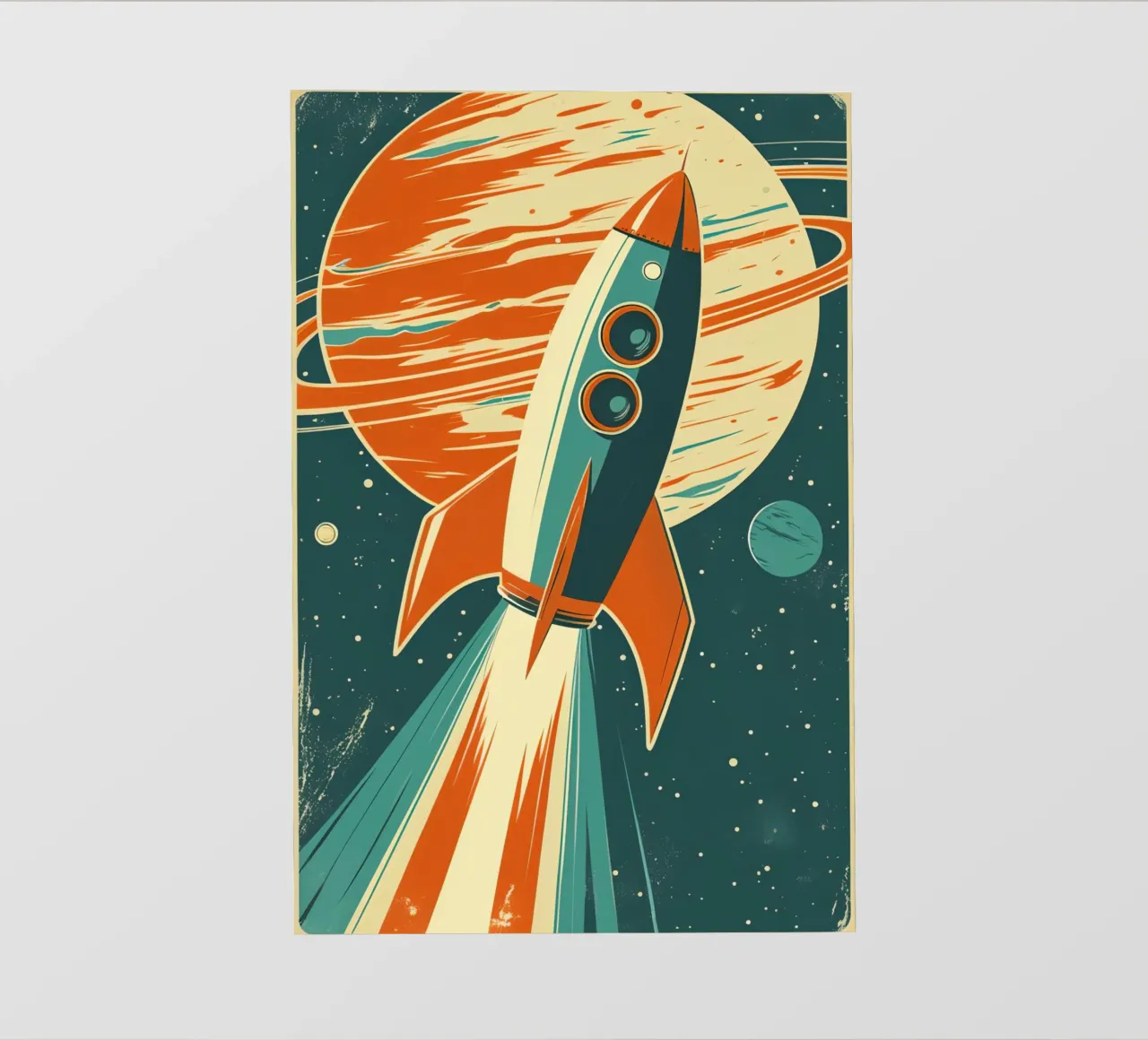 Lancio di un razzo retrò con Ringed Planet telo in pvc da DesignDoodle