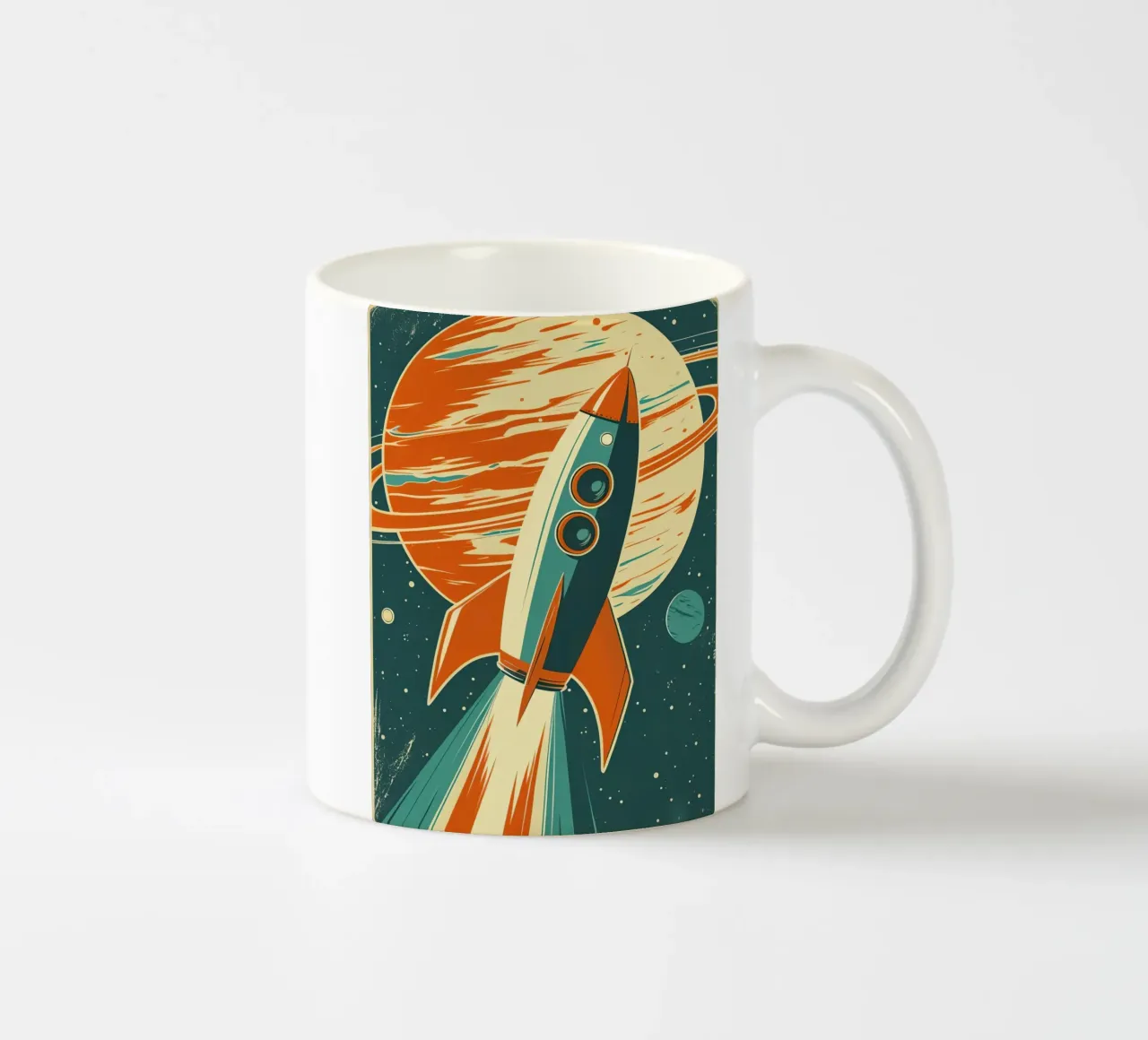 Lancement d'une fusée rétro avec Ringed Planet mug en céramique de DesignDoodle