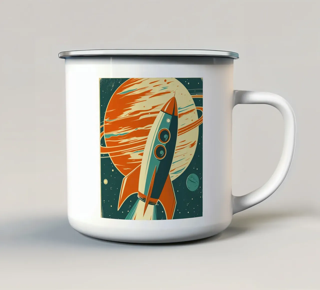 Lancement d'une fusée rétro avec Ringed Planet mug en émail de DesignDoodle