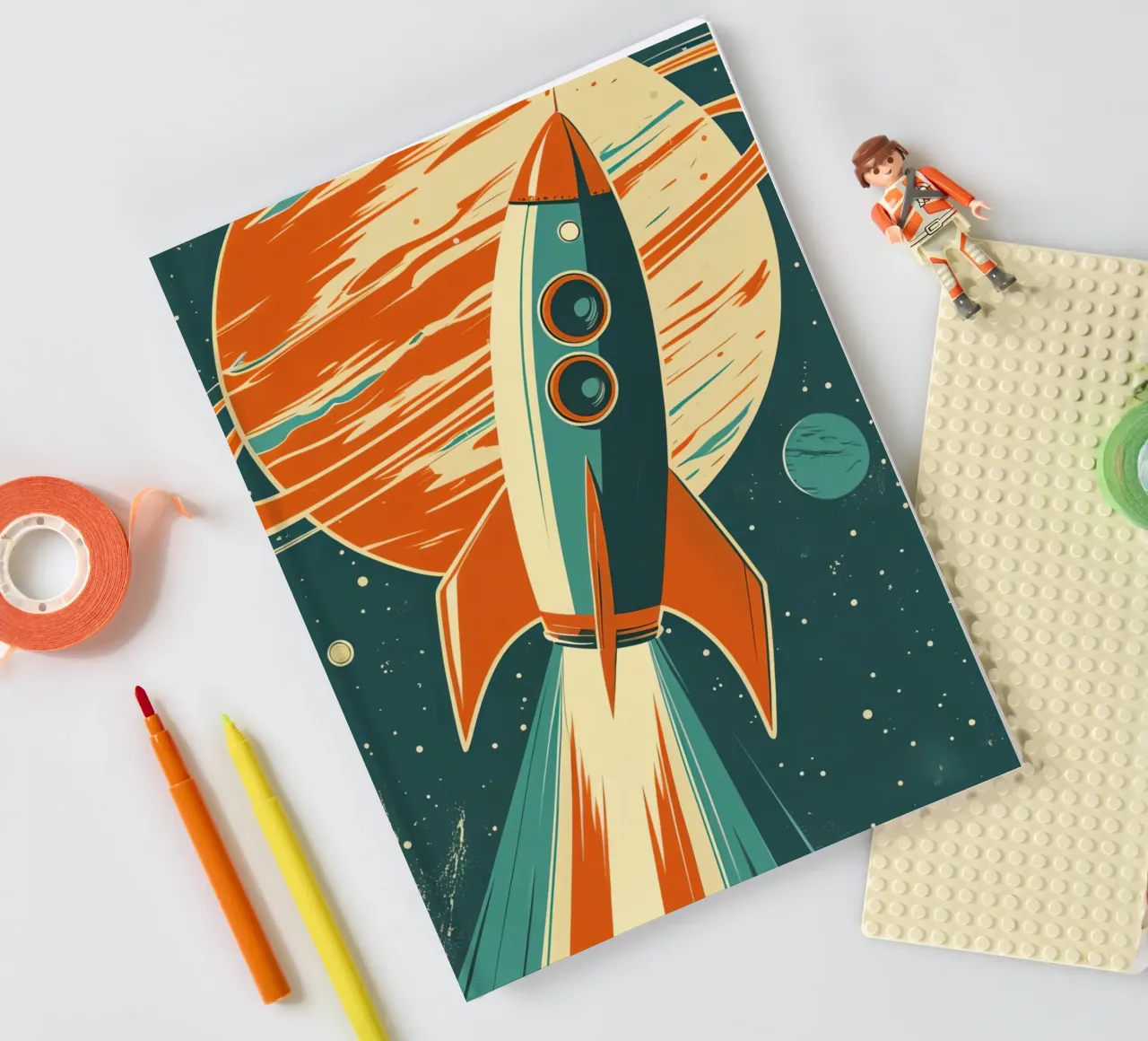 Lancement d'une fusée rétro avec Ringed Planet carnet de notes de DesignDoodle