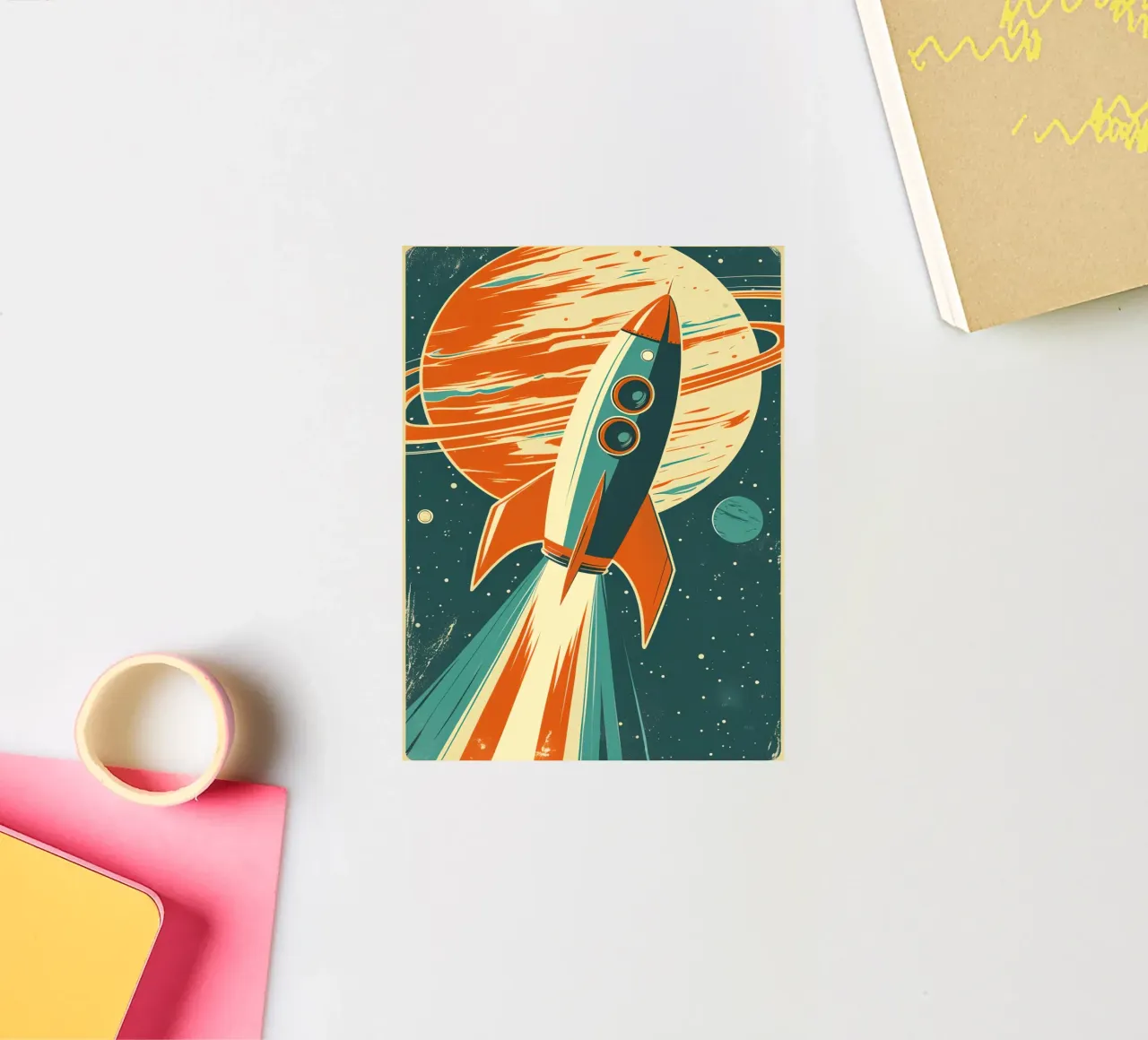 Lancio di un razzo retrò con Ringed Planet adesivo da DesignDoodle