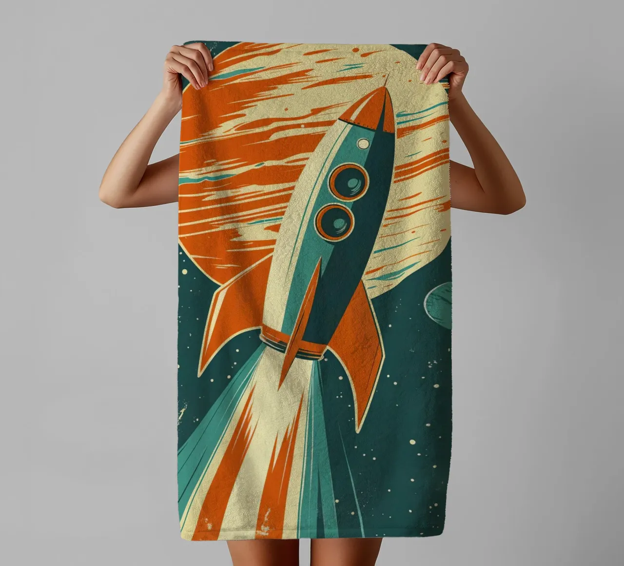 Lancement d'une fusée rétro avec Ringed Planet serviette de bain de DesignDoodle