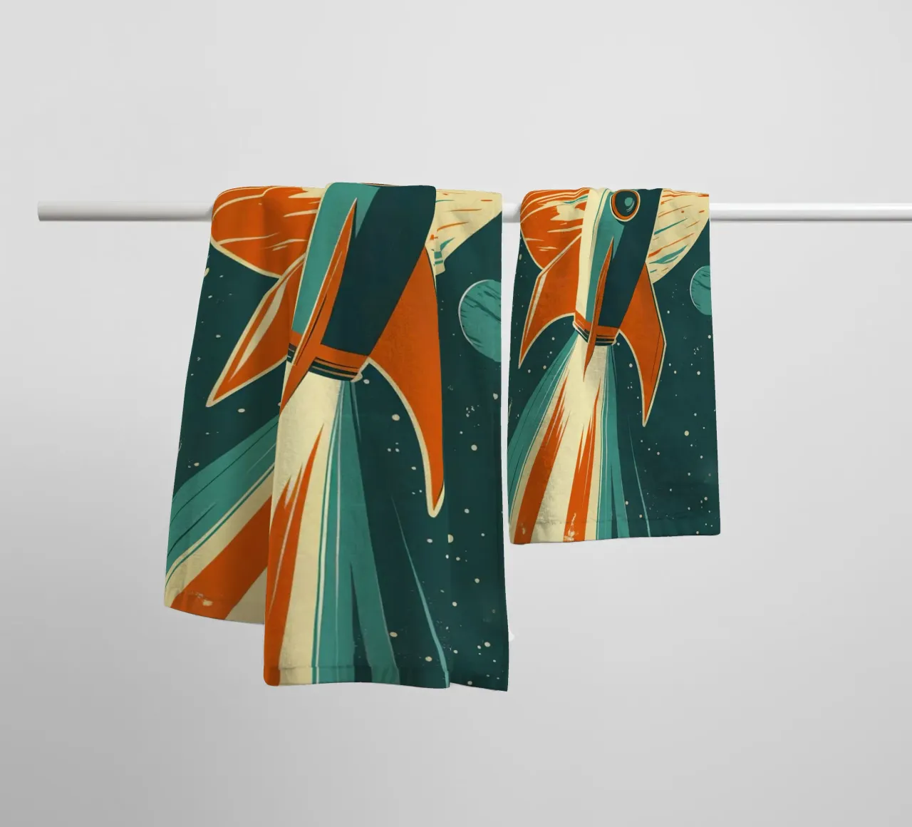 Lancement d'une fusée rétro avec Ringed Planet serviette de bain de DesignDoodle