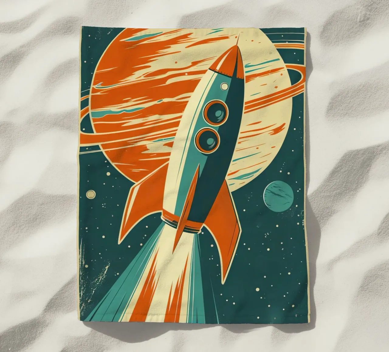 Lancio di un razzo retrò con Ringed Planet telo mare da DesignDoodle