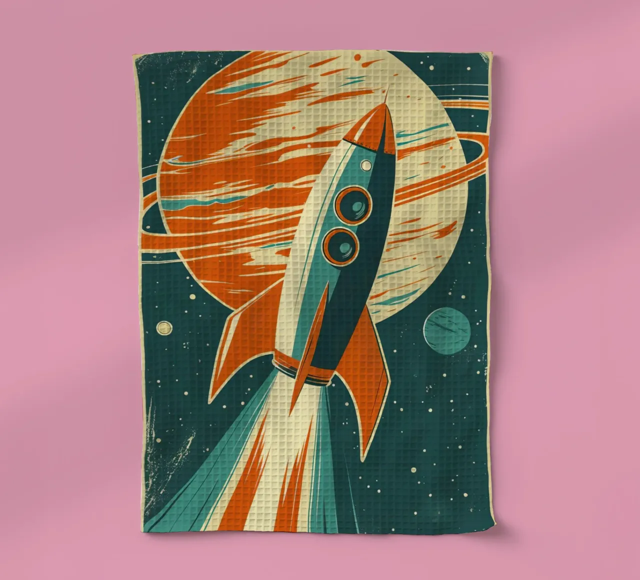Lancement d'une fusée rétro avec Ringed Planet torchon de DesignDoodle