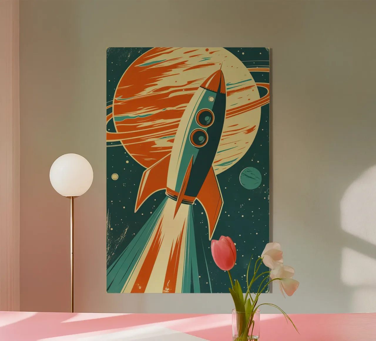 Lancio di un razzo retrò con Ringed Planet plexiglass da DesignDoodle