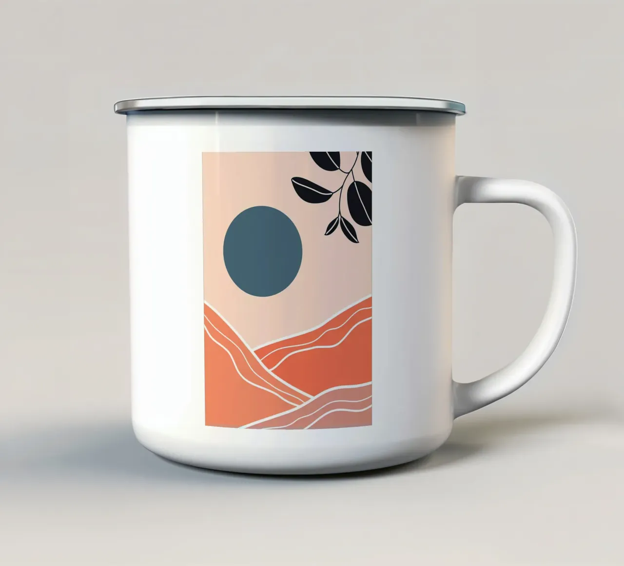 Montagna astratta con sole tazza in smalto da Locquinn Fuller