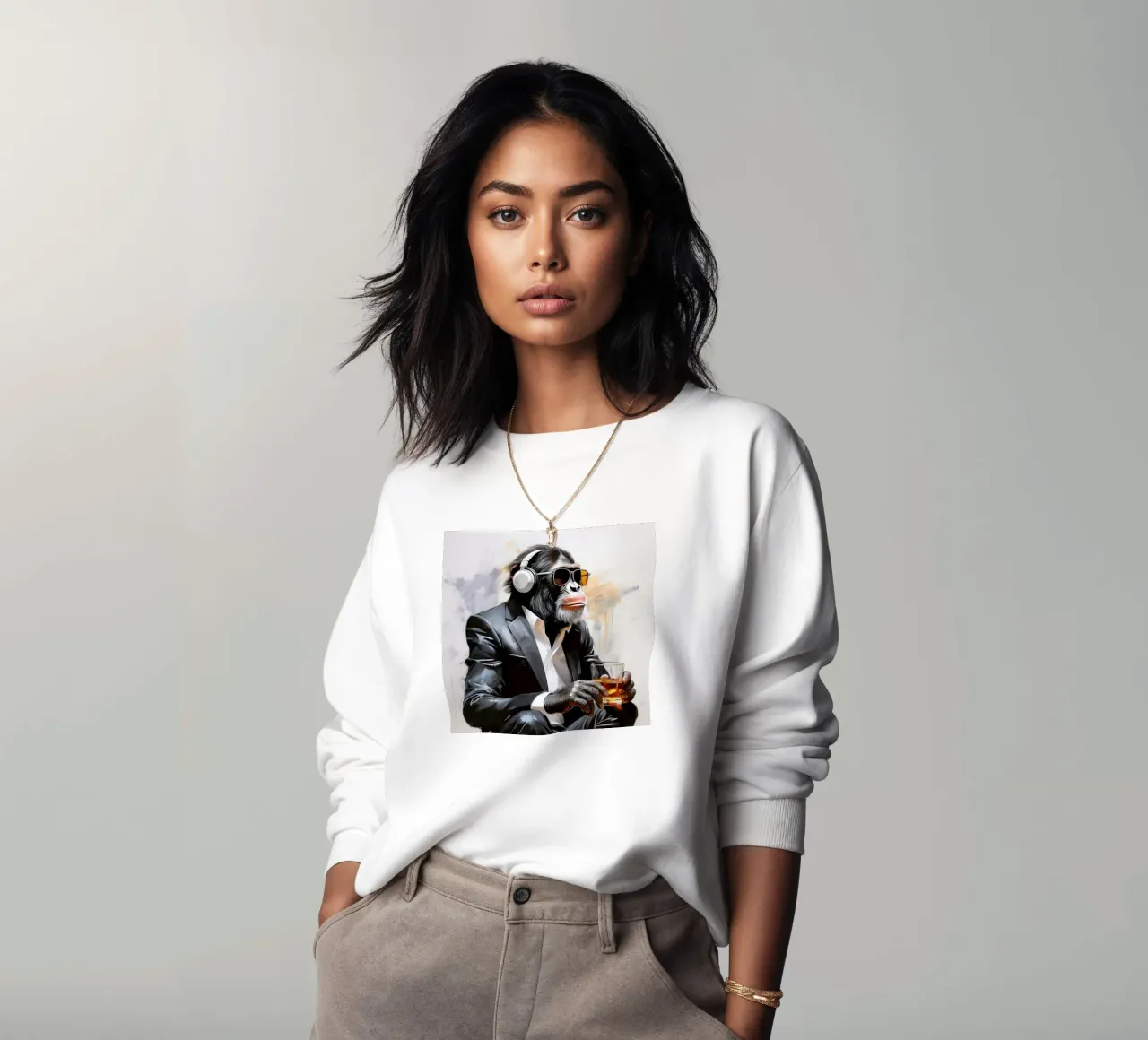 Ritratto fresco Scimpanzé Scimmia Pop Art in abito nero felpa da Take Your Art BV