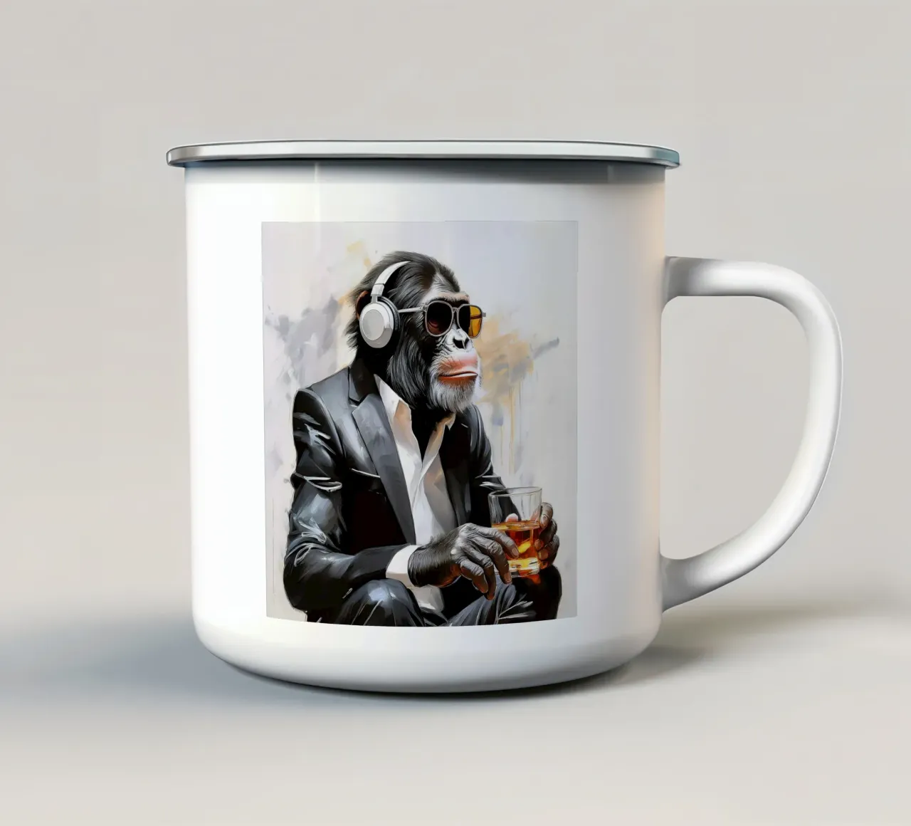 Ritratto fresco Scimpanzé Scimmia Pop Art in abito nero tazza in smalto da Take Your Art BV