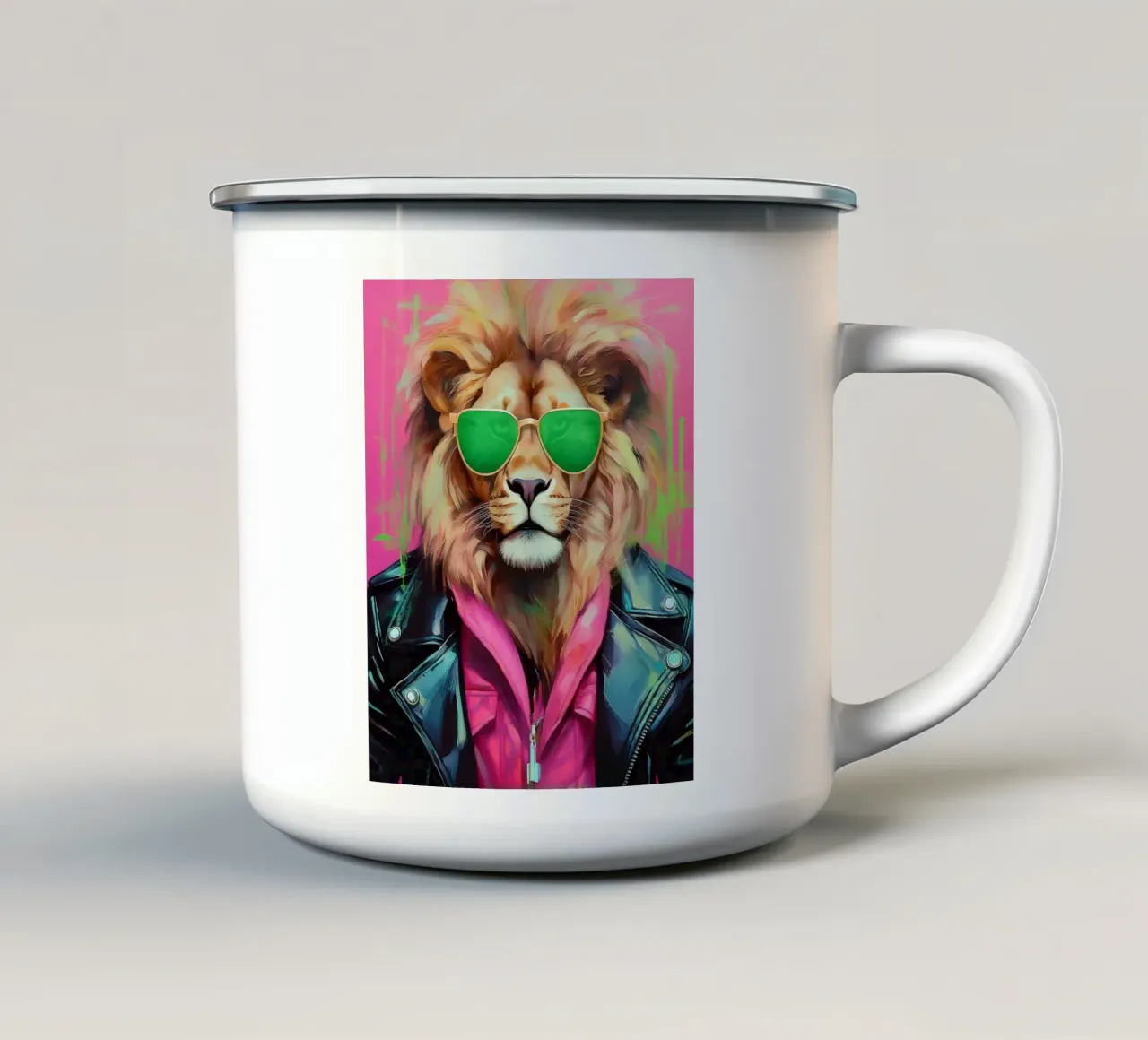 Ritratto fresco leone popart con giacca di pelle tazza in smalto da Take Your Art BV