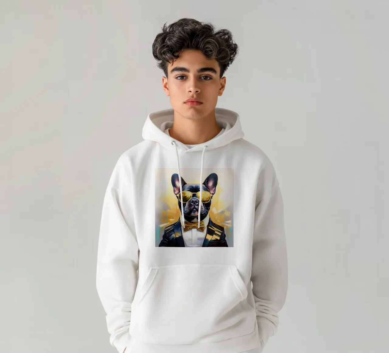 Ritratto fresco di bulldog francese con parti dorate felpa con cappuccio da Take Your Art BV