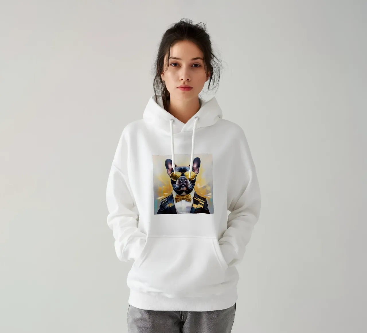 Ritratto fresco di bulldog francese con parti dorate felpa con cappuccio da Take Your Art BV