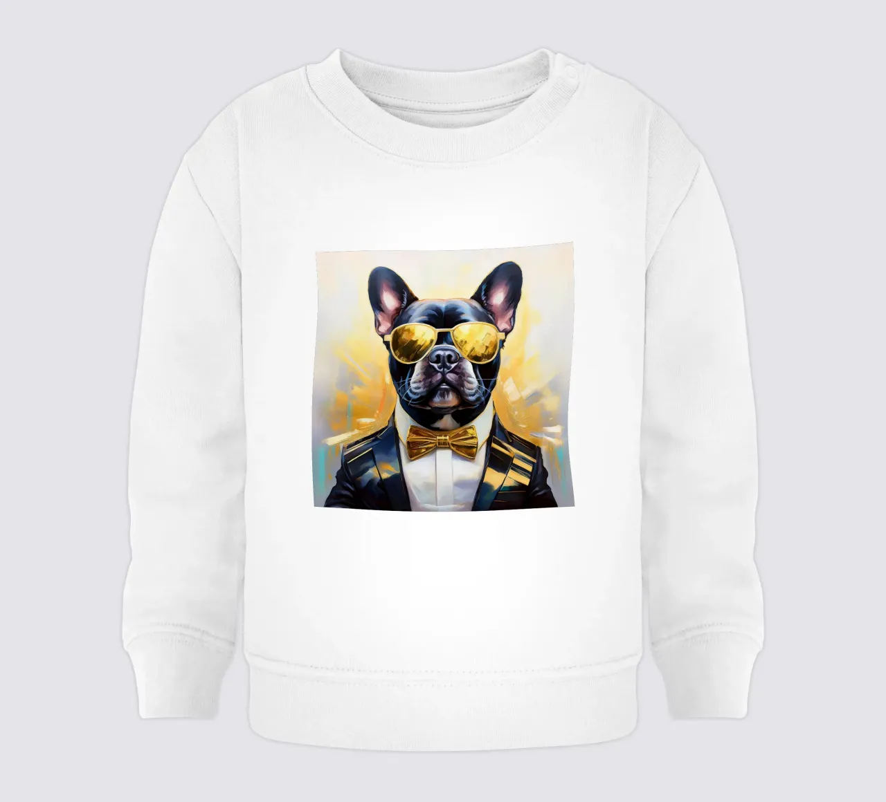 Ritratto fresco di bulldog francese con parti dorate felpa neonato da Take Your Art BV