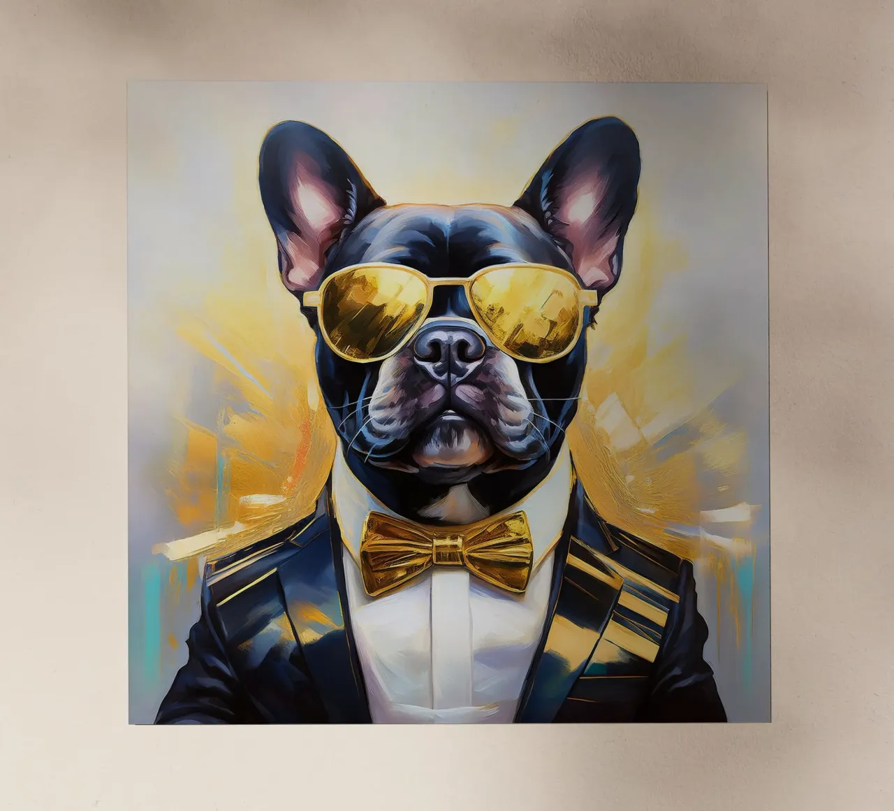Ritratto fresco di bulldog francese con parti dorate pellicola backlit da Take Your Art BV