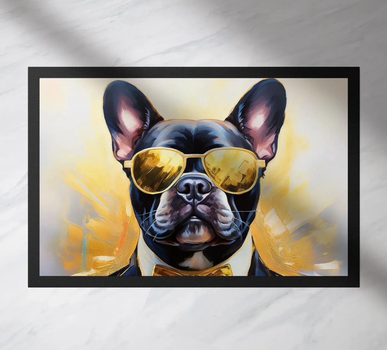 Ritratto fresco di bulldog francese con parti dorate zerbino da Take Your Art BV