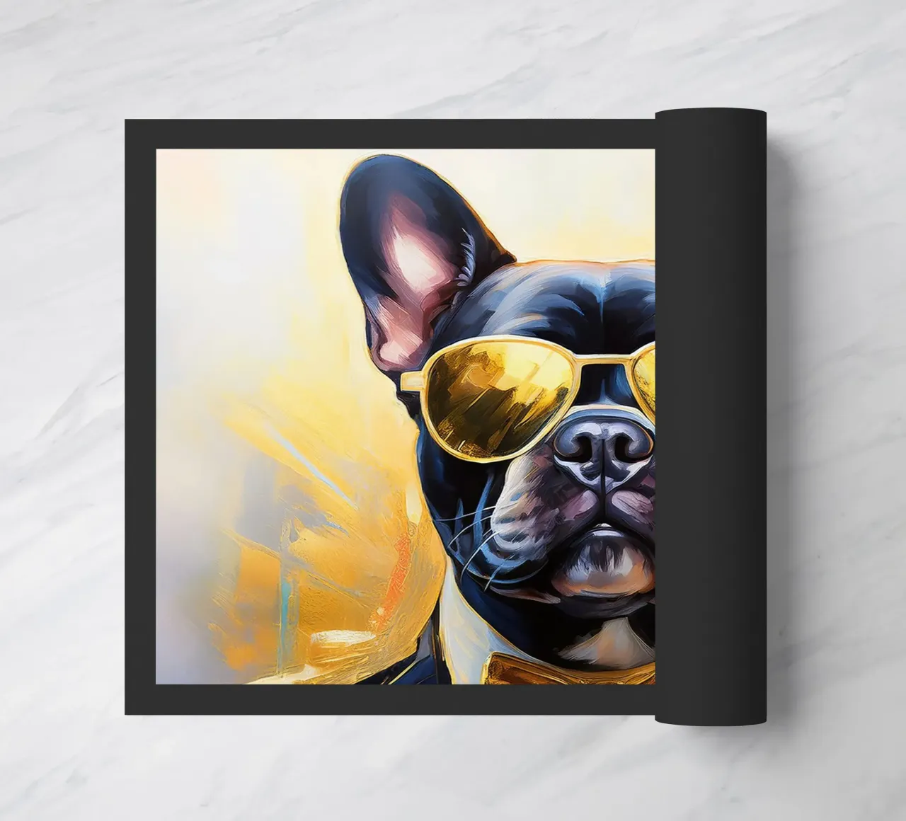 Ritratto fresco di bulldog francese con parti dorate zerbino da Take Your Art BV
