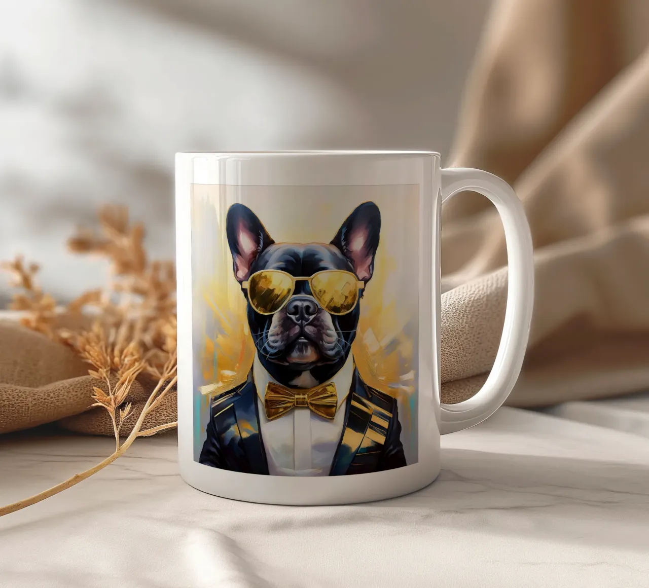 Ritratto fresco di bulldog francese con parti dorate tazza in ceramica da Take Your Art BV