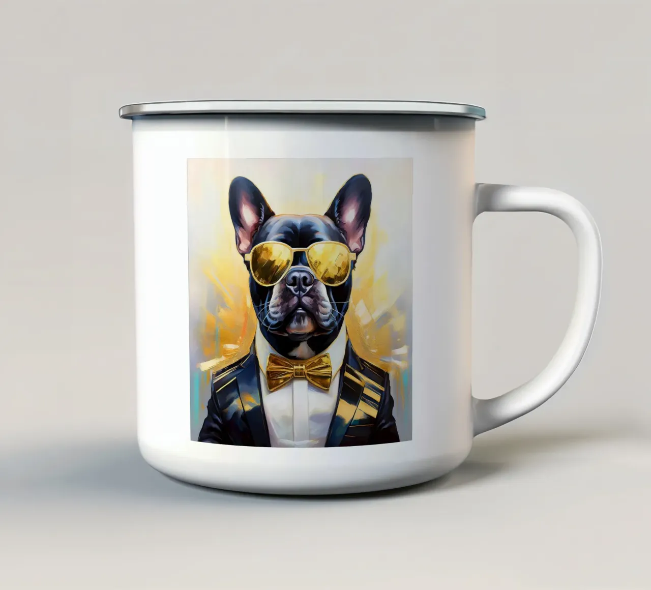 Ritratto fresco di bulldog francese con parti dorate tazza in smalto da Take Your Art BV