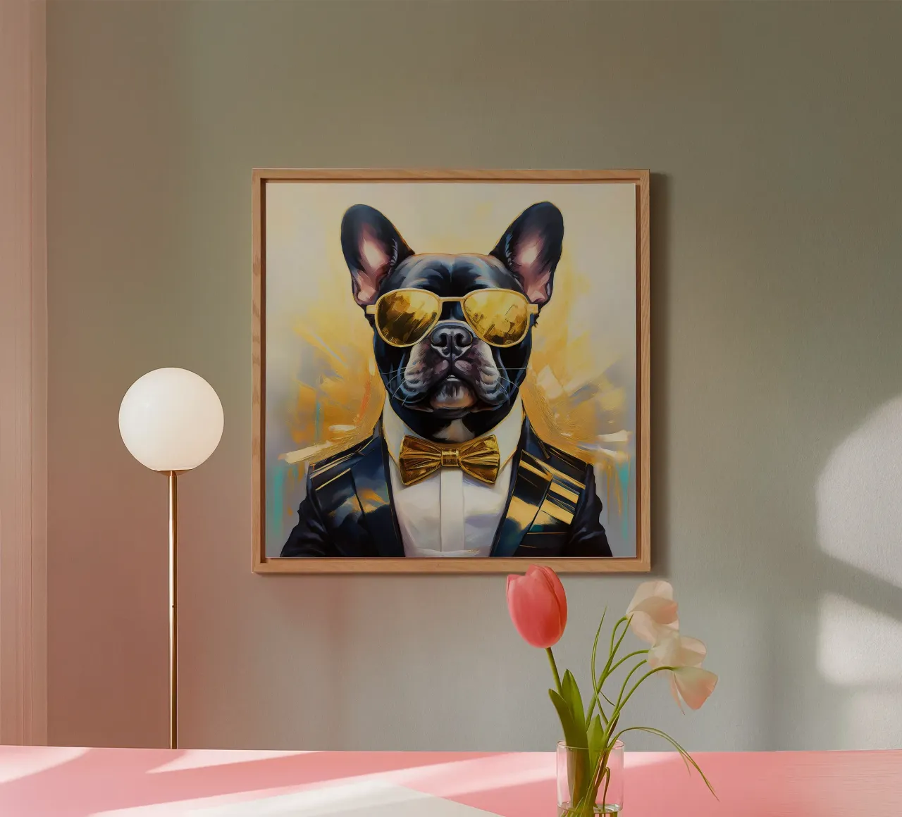Ritratto fresco di bulldog francese con parti dorate pannello forex da Take Your Art BV