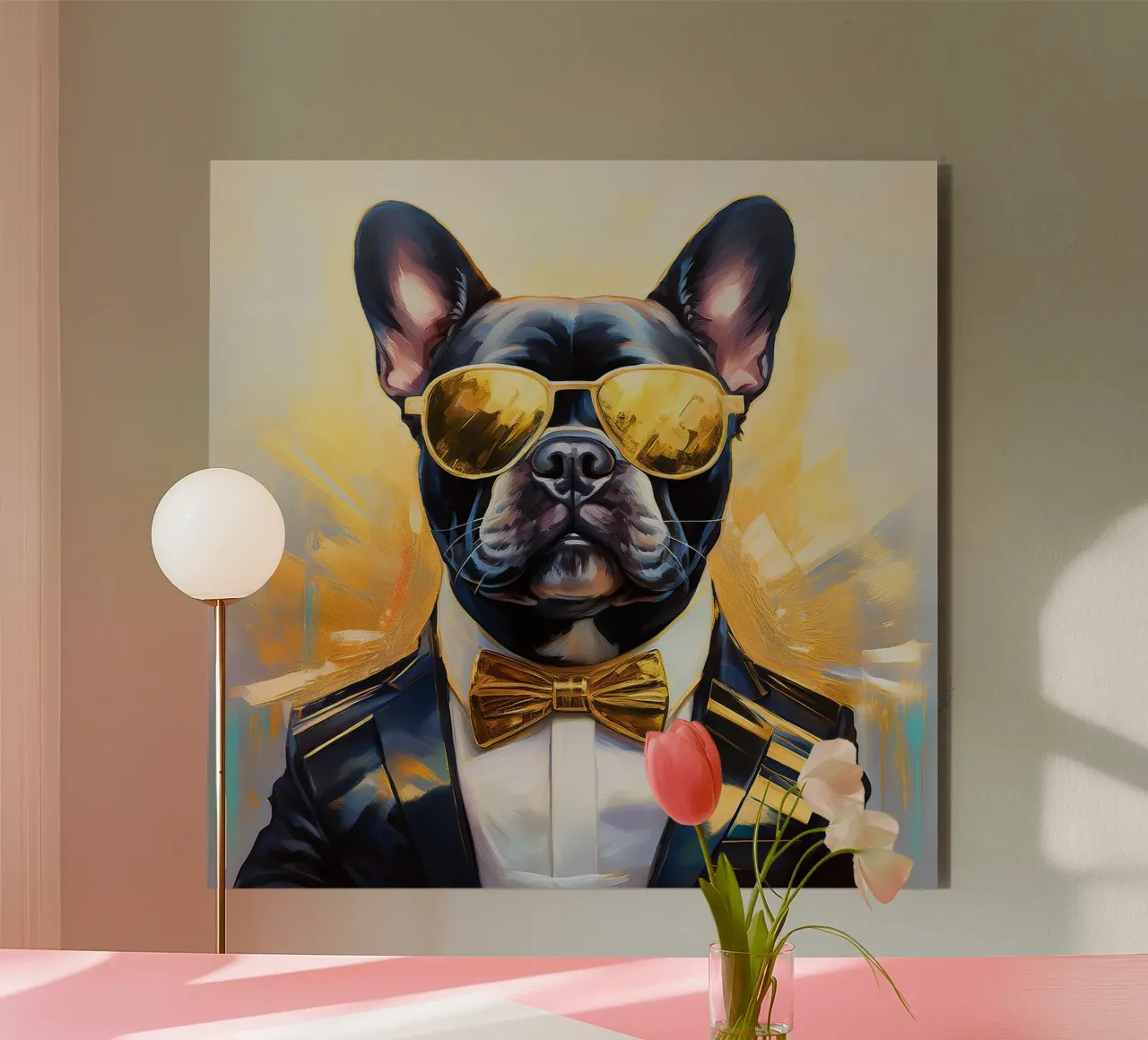 Ritratto fresco di bulldog francese con parti dorate pannello forex da Take Your Art BV