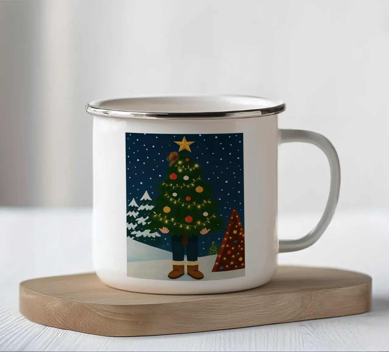 DONNA CHE TIENE L'ALBERO DI NATALE NELLA NEVE tazza in smalto da CHRISTMAS ART