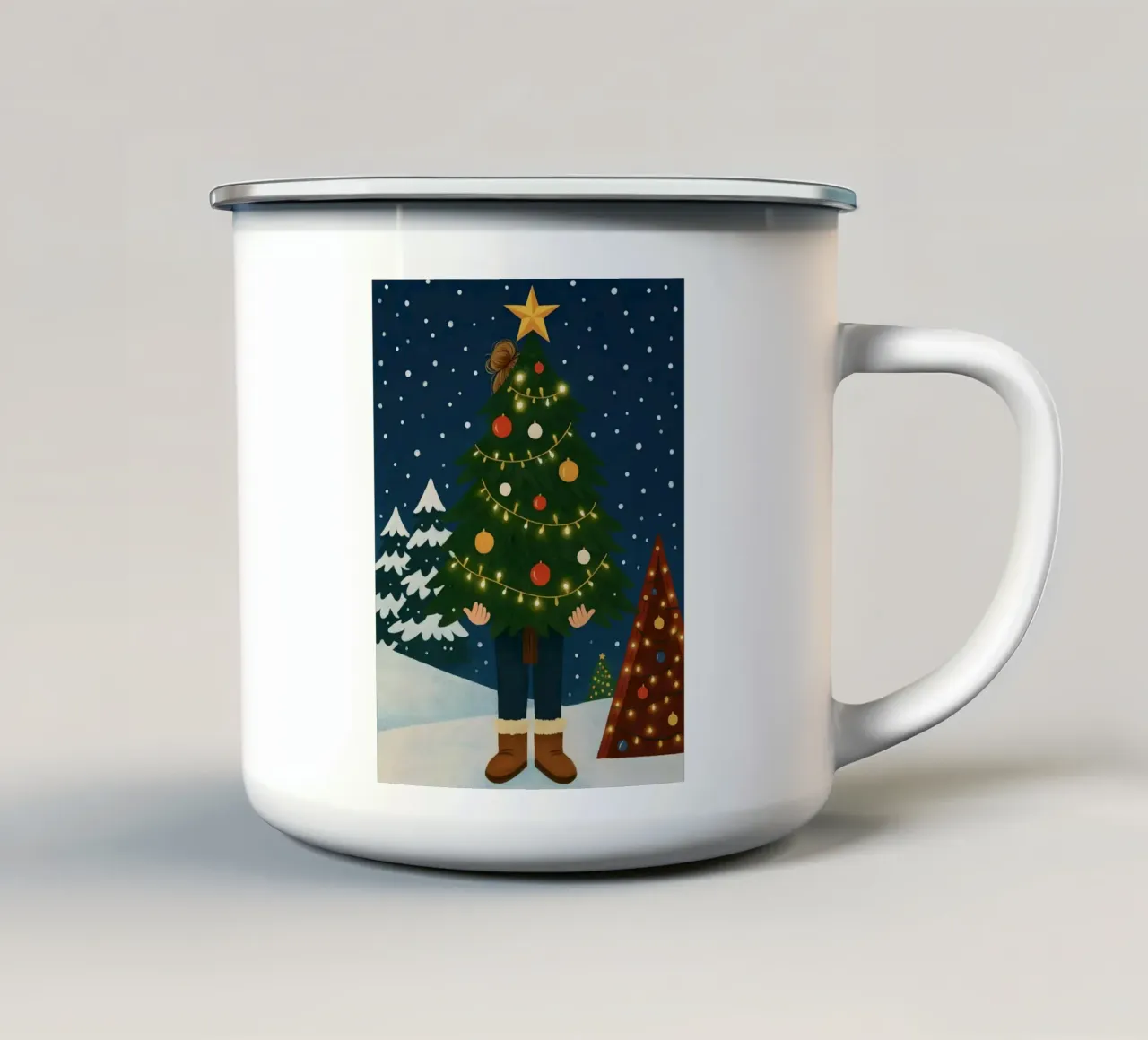 DONNA CHE TIENE L'ALBERO DI NATALE NELLA NEVE tazza in smalto da CHRISTMAS ART