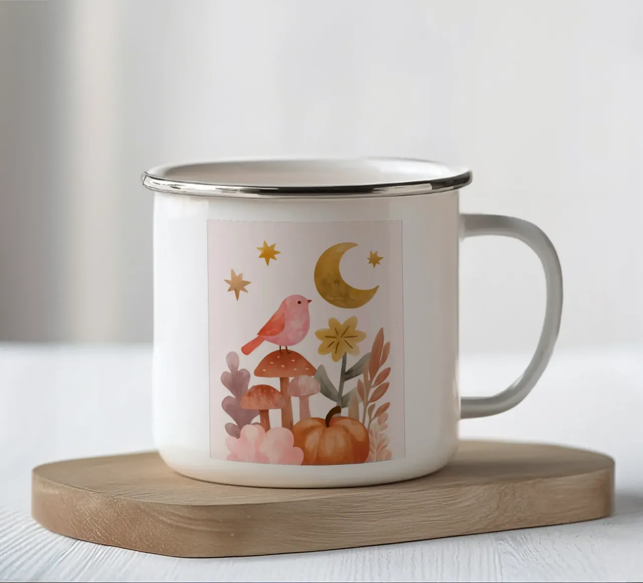 Uccello rosa bohémien con funghi e luna, arte della natura animale tazza in smalto da GentleEchoes Dreamlight