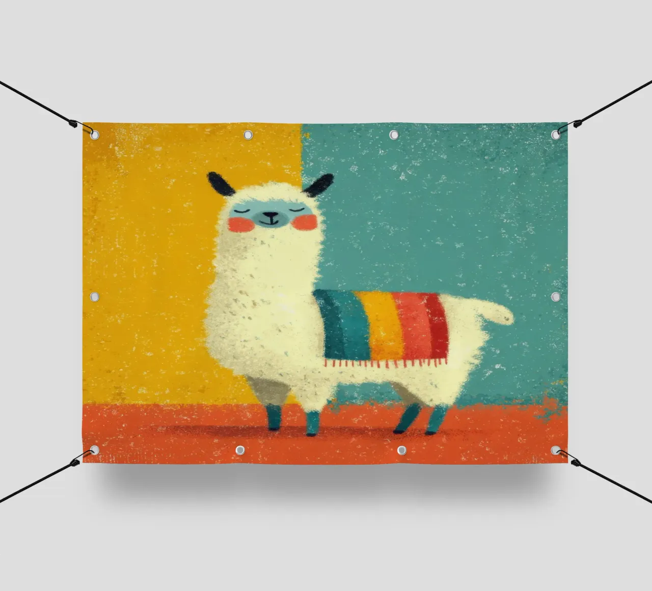 Un lama sorridente con sciarpa a righe colorate telo in pvc da Atelier Ballon