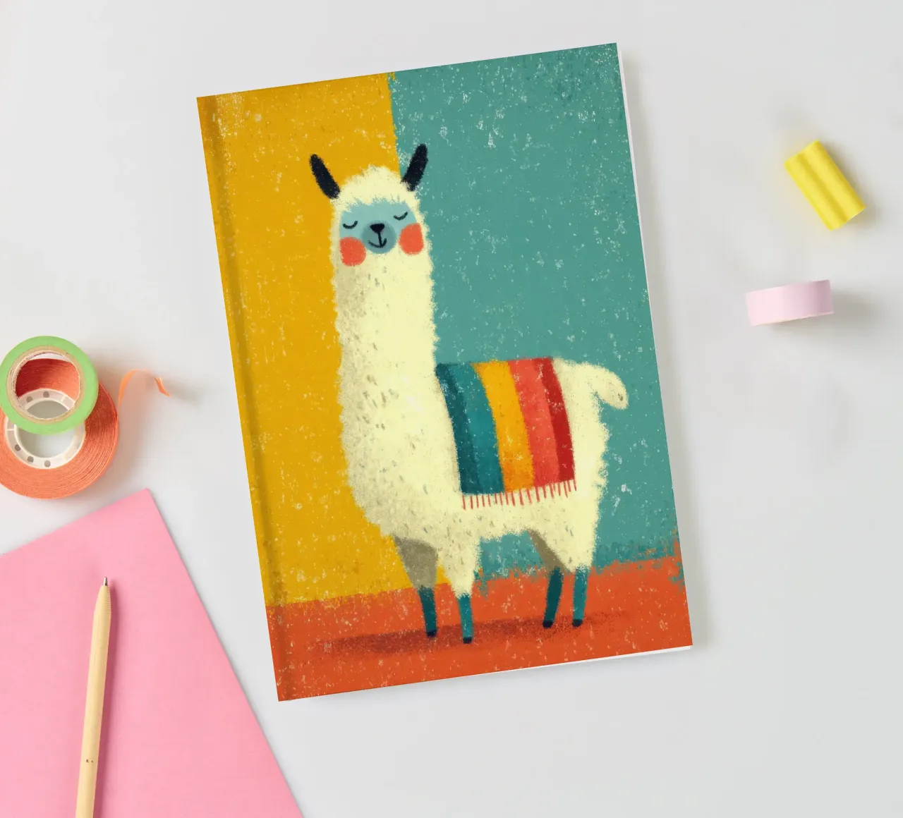 Un lama sorridente con sciarpa a righe colorate diario da Atelier Ballon