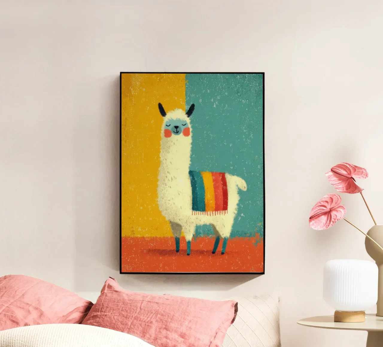 Un lama sorridente con sciarpa a righe colorate plexiglass da Atelier Ballon