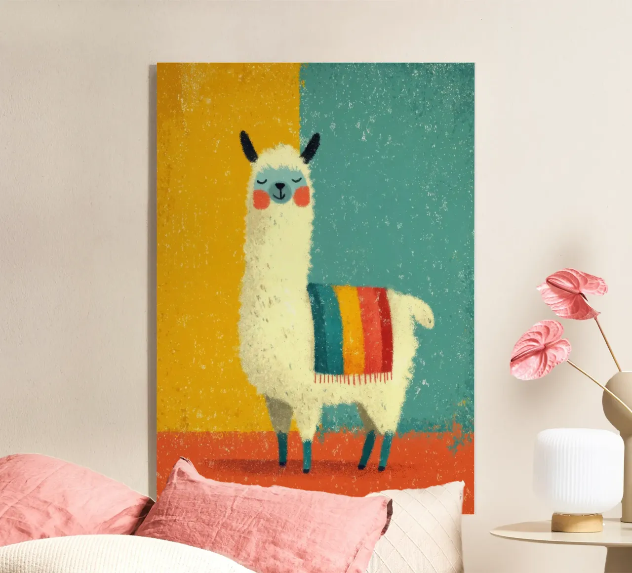 Un lama sorridente con sciarpa a righe colorate plexiglass da Atelier Ballon