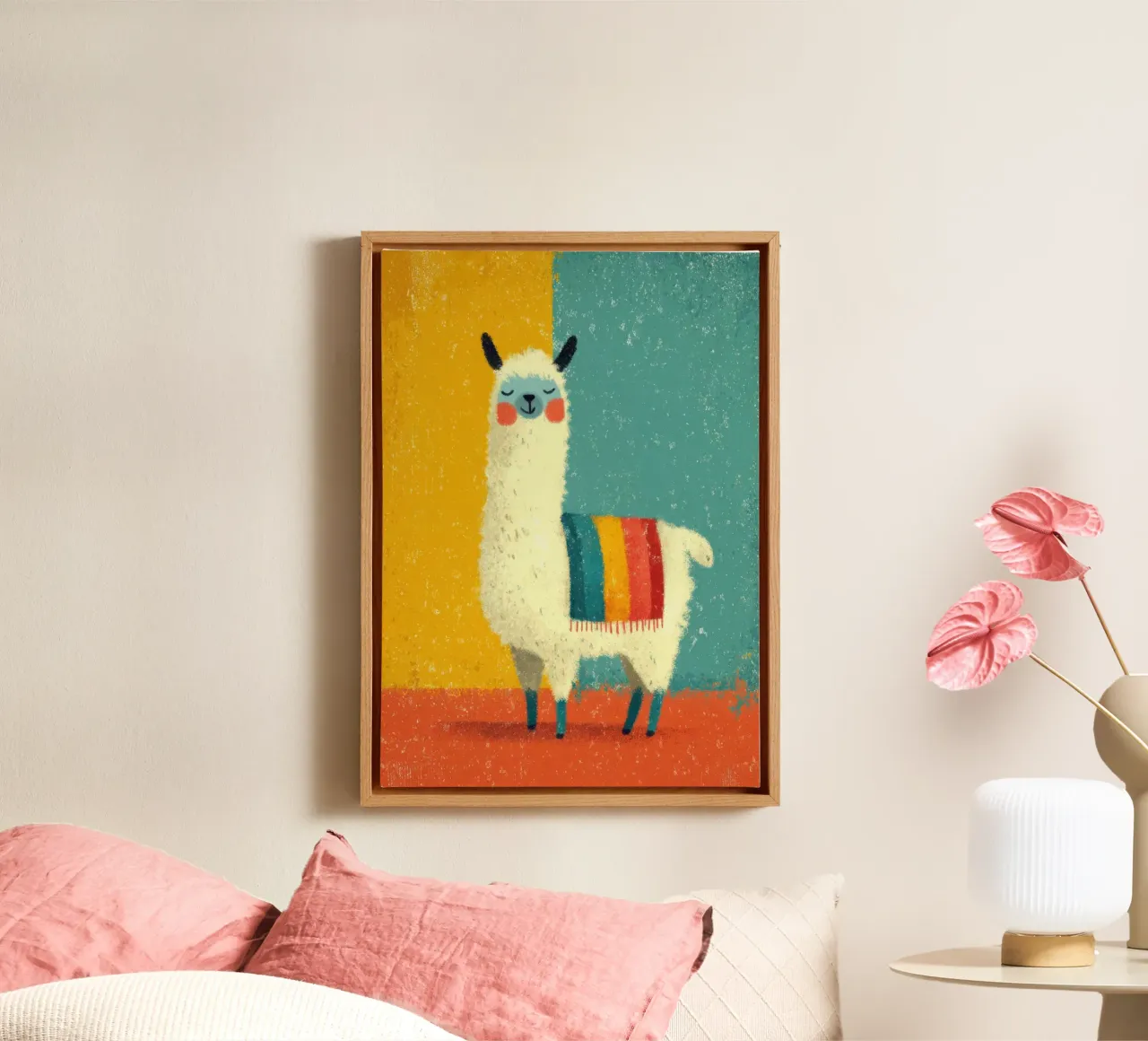 Un lama sorridente con sciarpa a righe colorate tela da Atelier Ballon