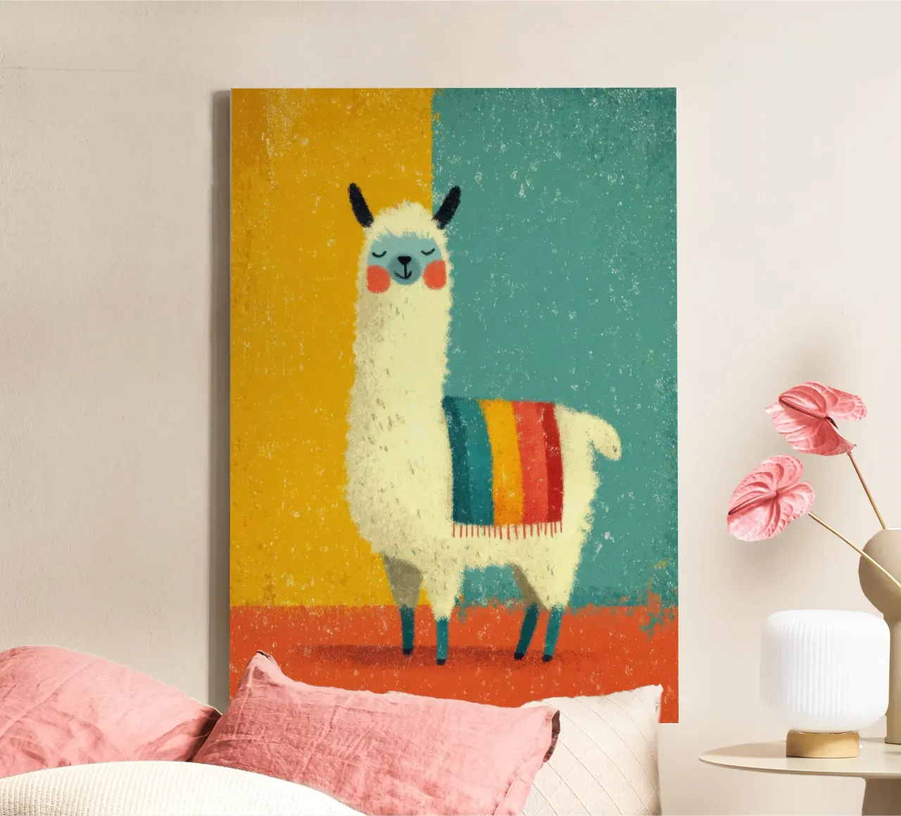 Un lama sorridente con sciarpa a righe colorate tela da Atelier Ballon