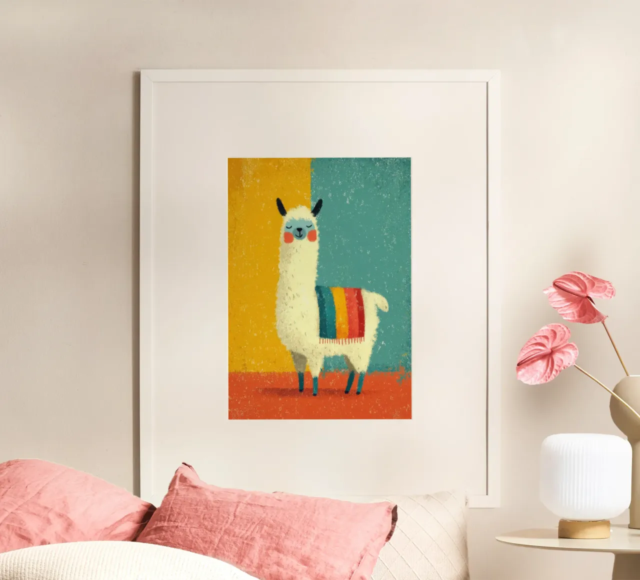 Un lama sorridente con sciarpa a righe colorate poster da Atelier Ballon