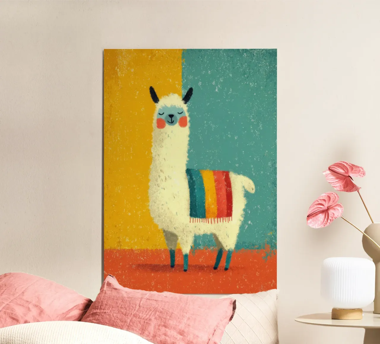 Un lama sorridente con sciarpa a righe colorate poster da Atelier Ballon