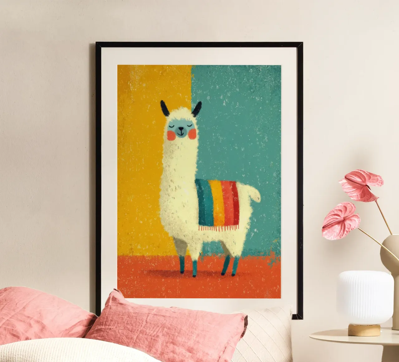 Un lama sorridente con sciarpa a righe colorate poster da Atelier Ballon