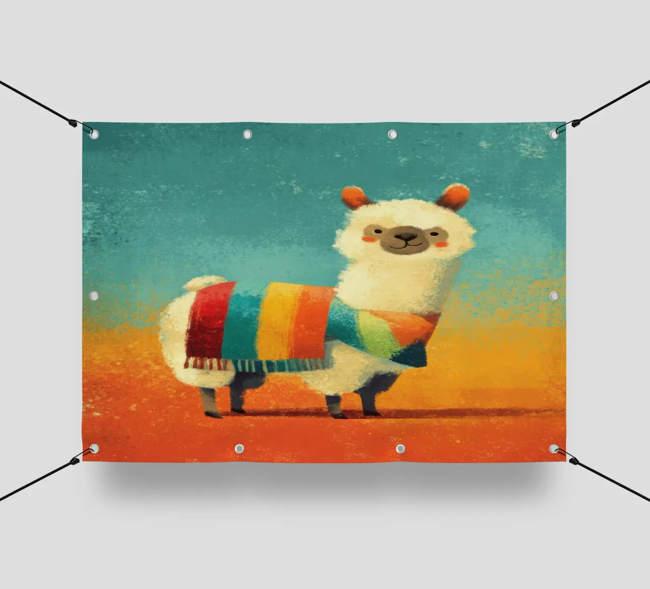 Cheerful llama with colourful striped scarf pvc cover by Atelier Ballon