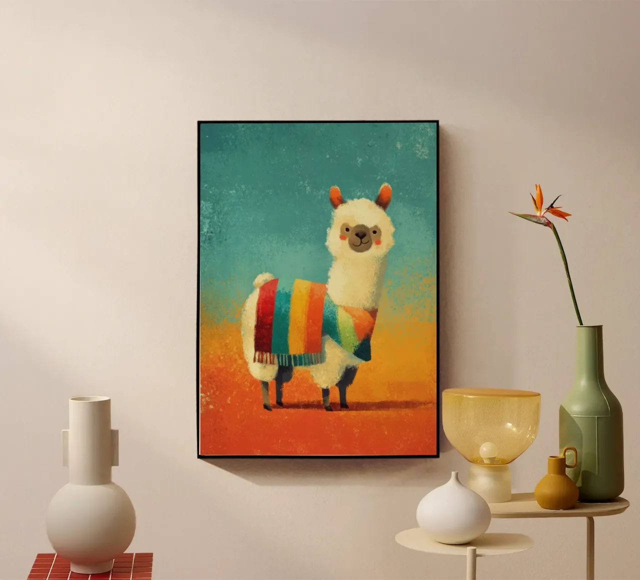 Allegro lama con sciarpa a righe colorate plexiglass da Atelier Ballon