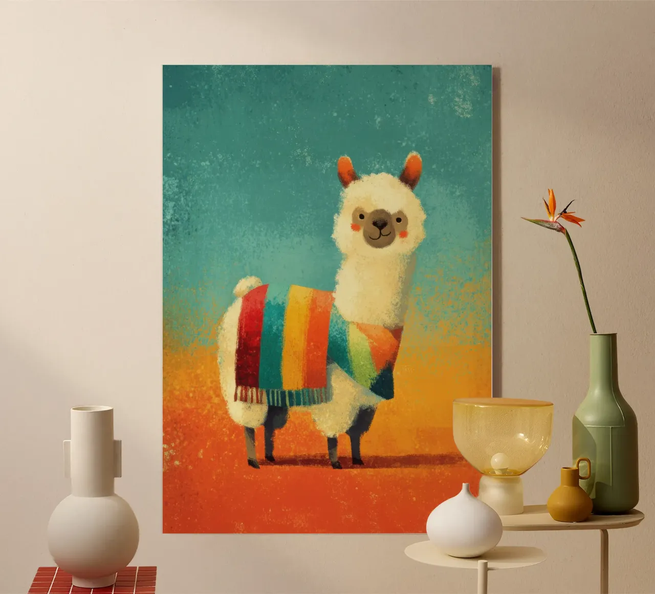 Allegro lama con sciarpa a righe colorate plexiglass da Atelier Ballon