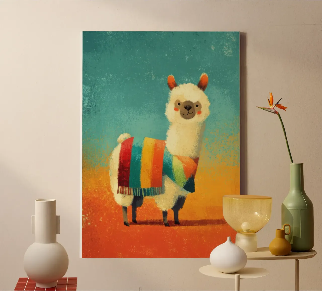 Allegro lama con sciarpa a righe colorate tela da Atelier Ballon