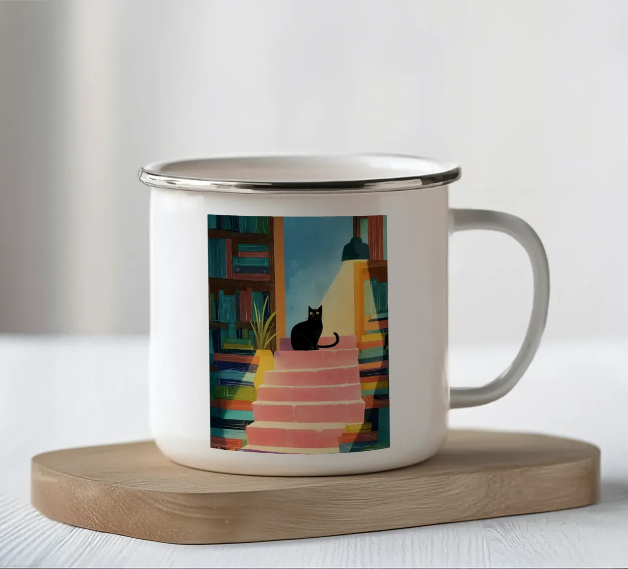 Midnight Library Cat tazza in smalto da Kiara