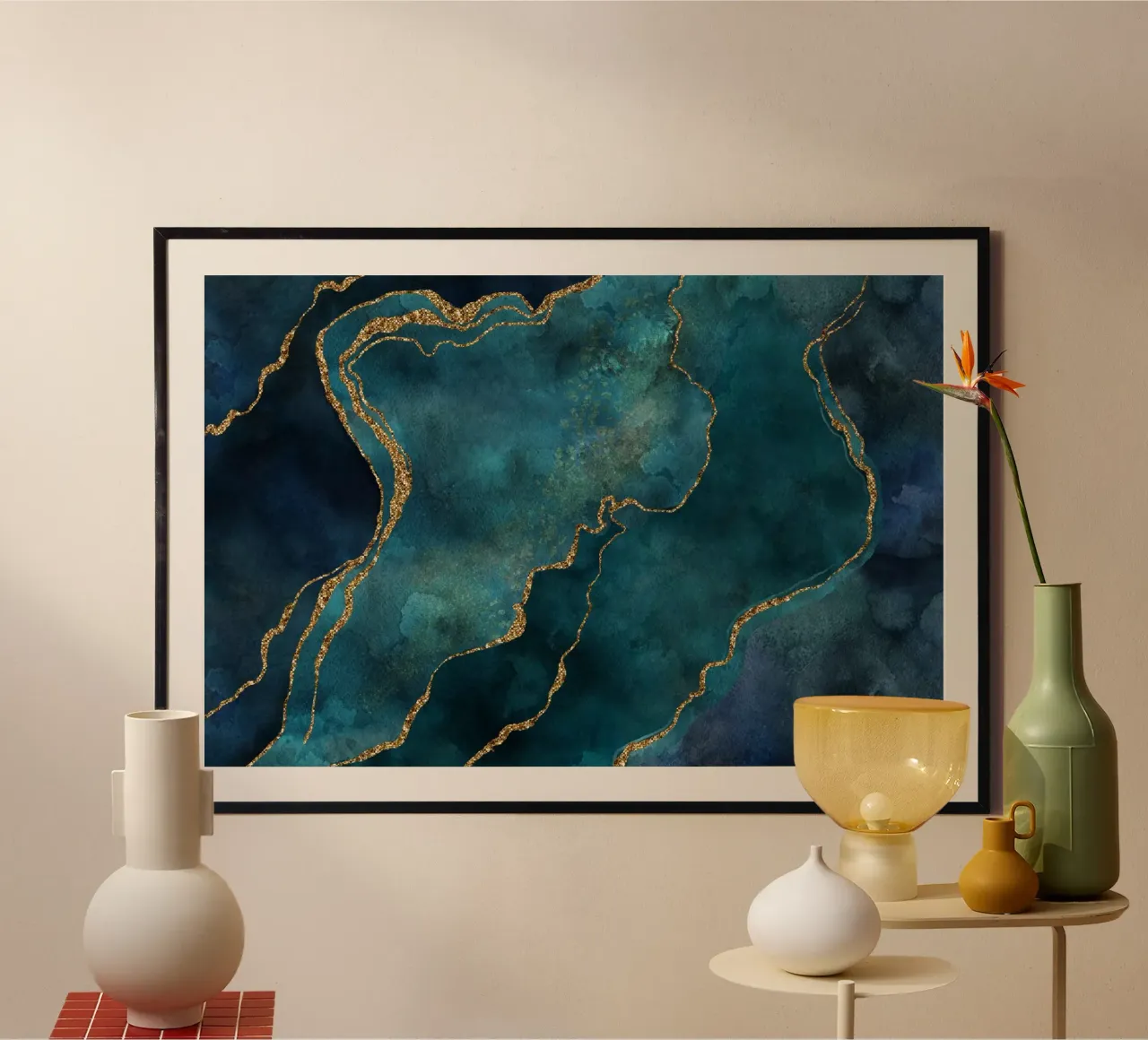 Gemma Glamour Mineral Oro verde acqua poster con telaio in legno da Andrea Haase Modern Home