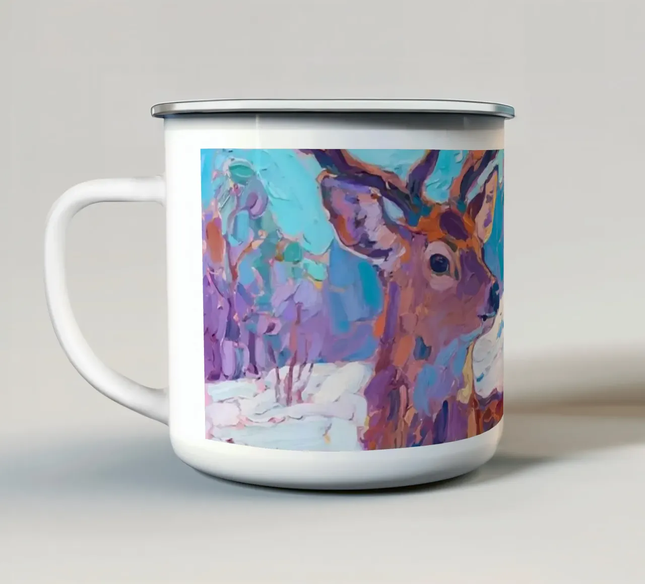 Cervo in piedi nella neve tazza in smalto da Slash Shop