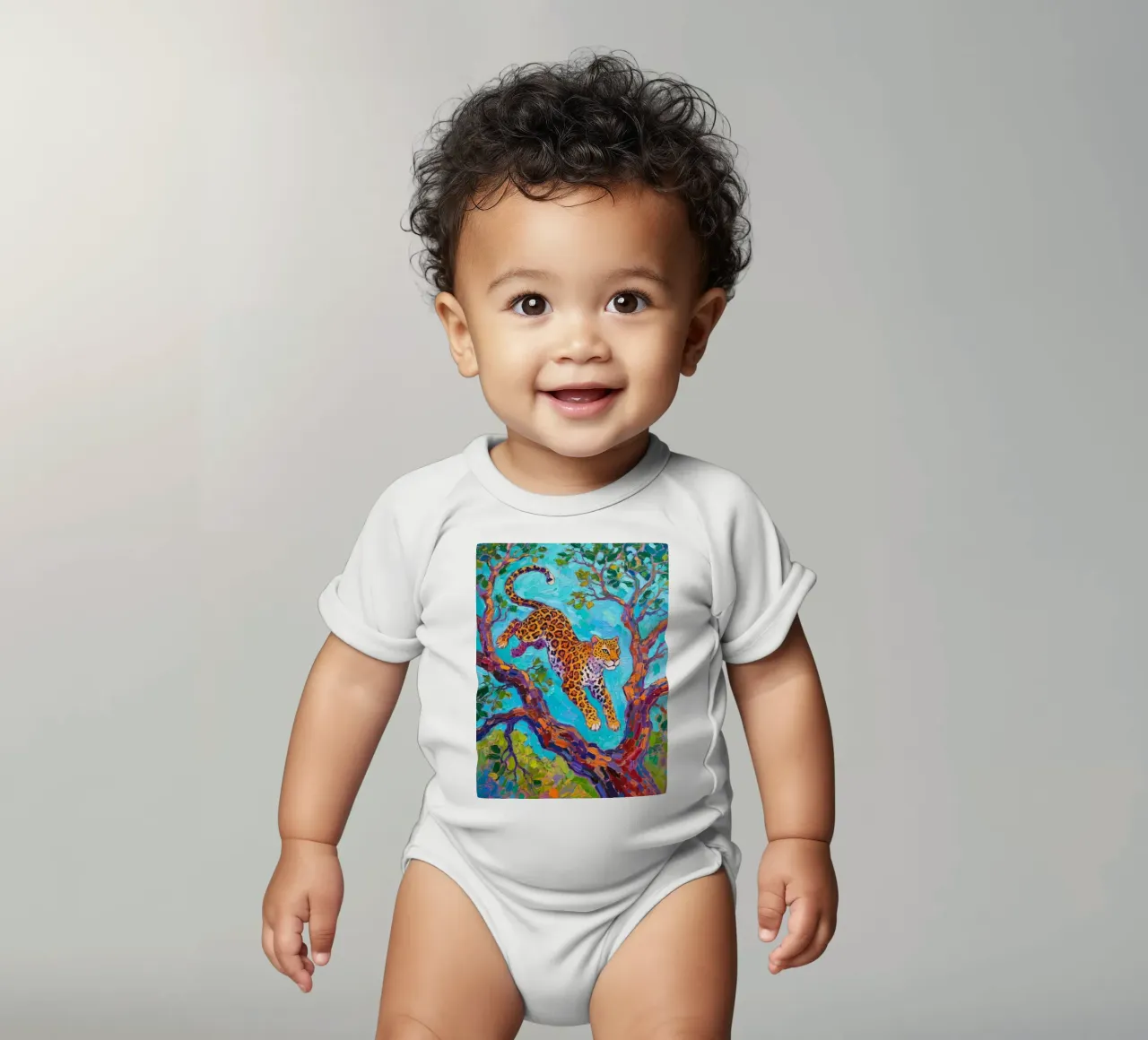 Léopard sautant entre les arbres body bébé de Slash Shop