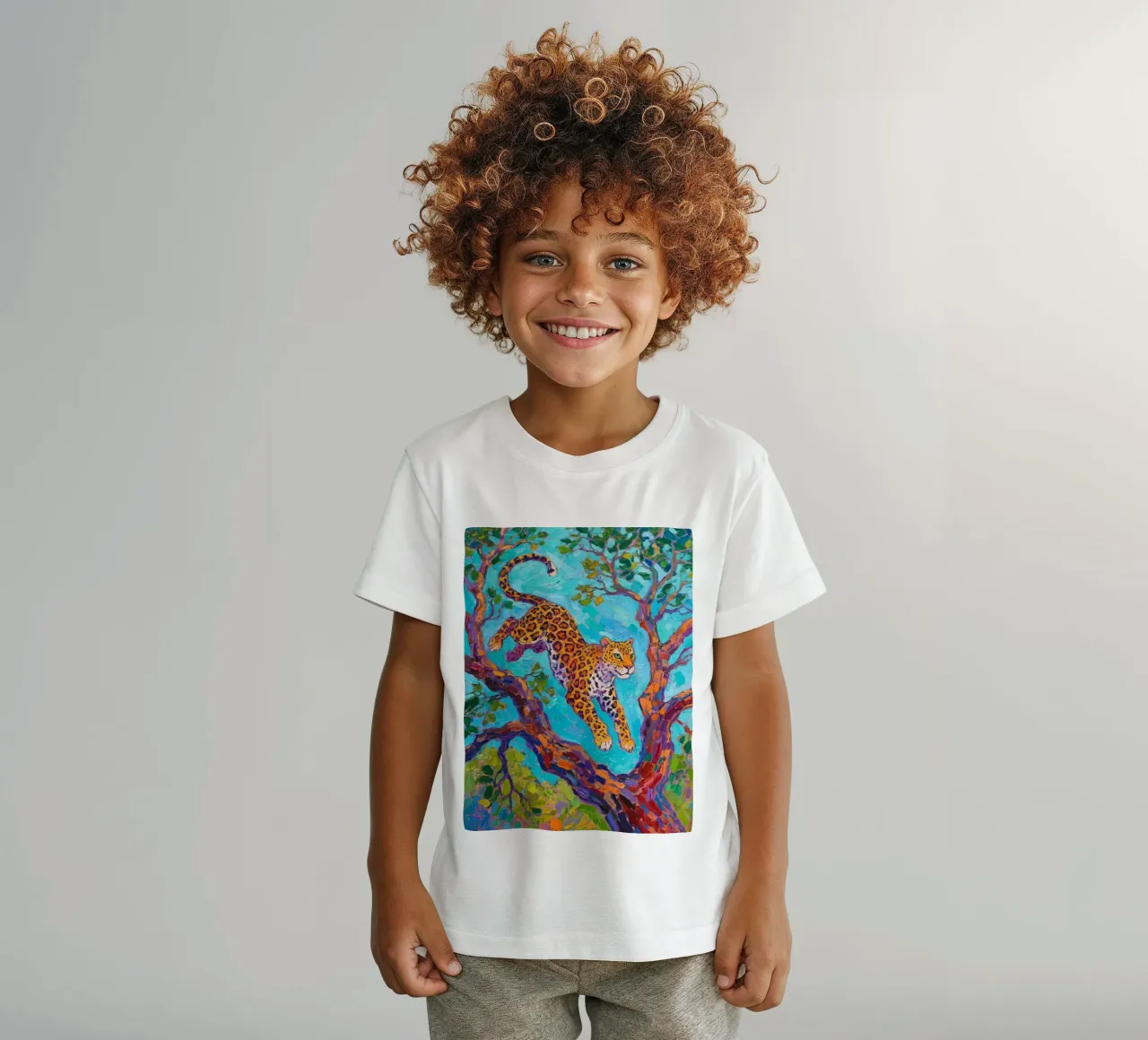 Leopardo che salta tra gli alberi t-shirt bambini da Slash Shop
