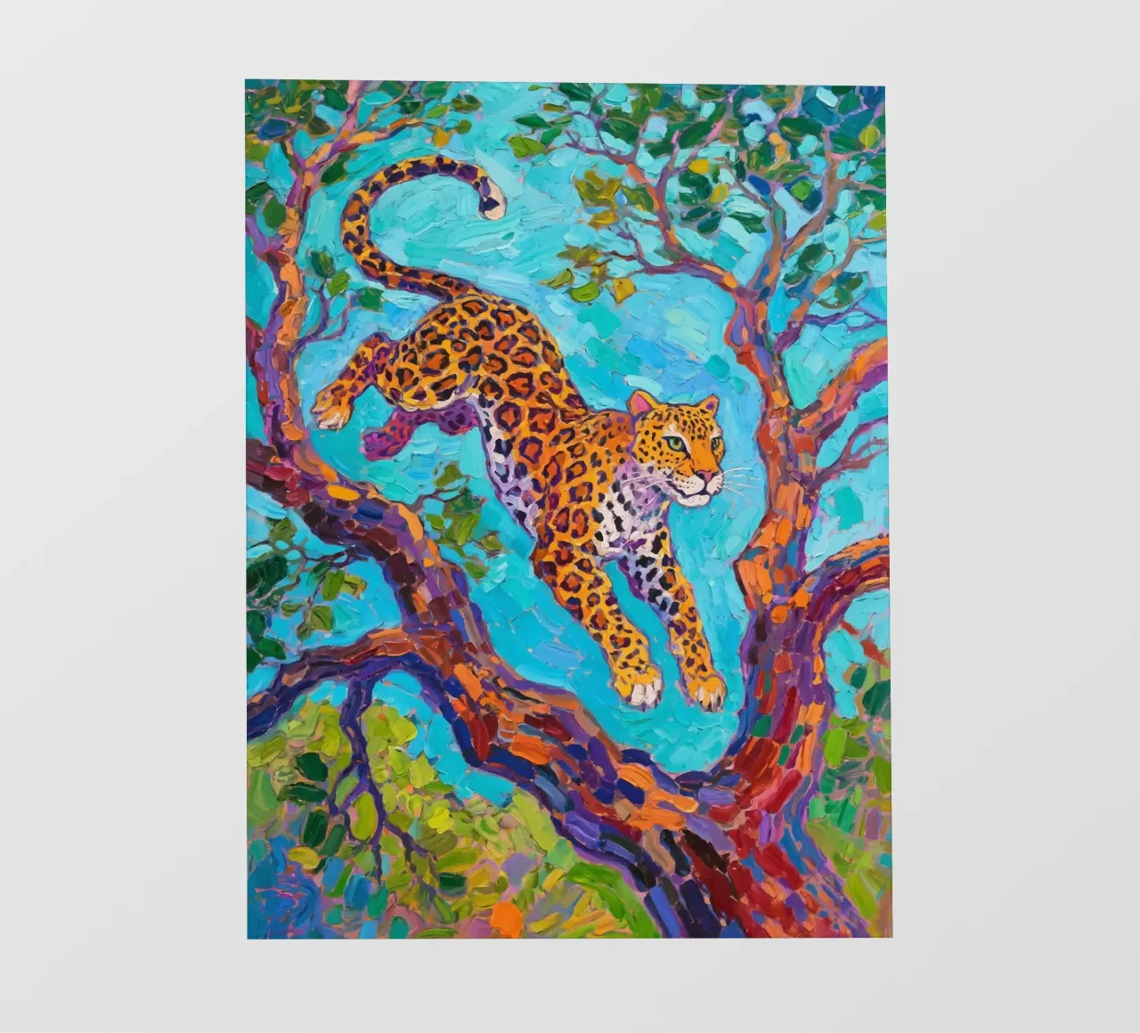 Leopardo che salta tra gli alberi pellicola backlit da Slash Shop