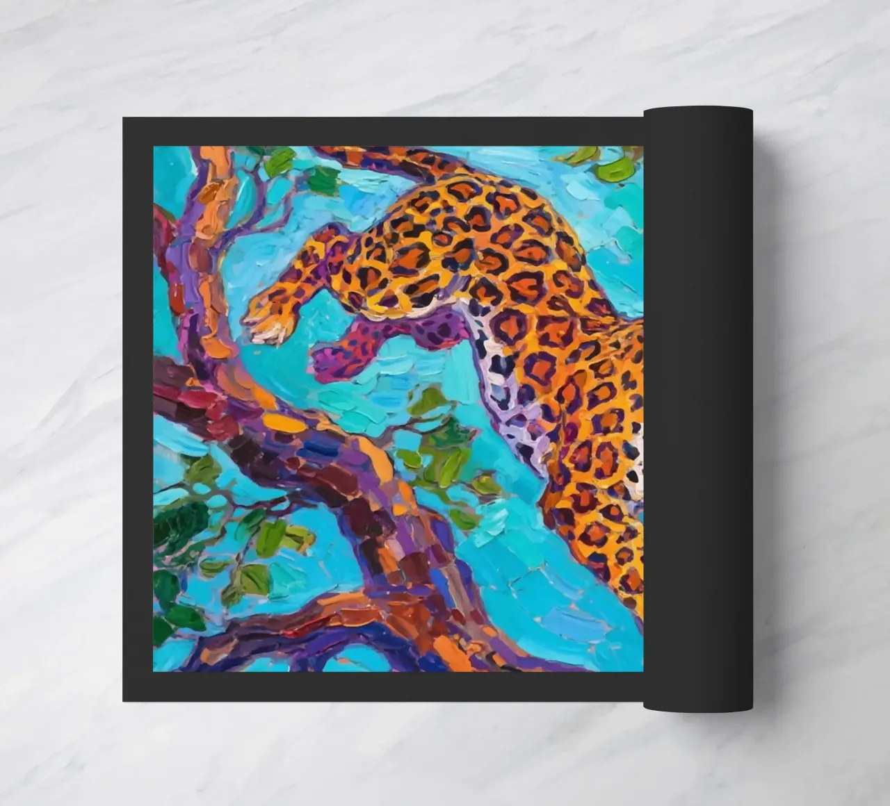 Leopard jumping between tree doormat by Slash Shop