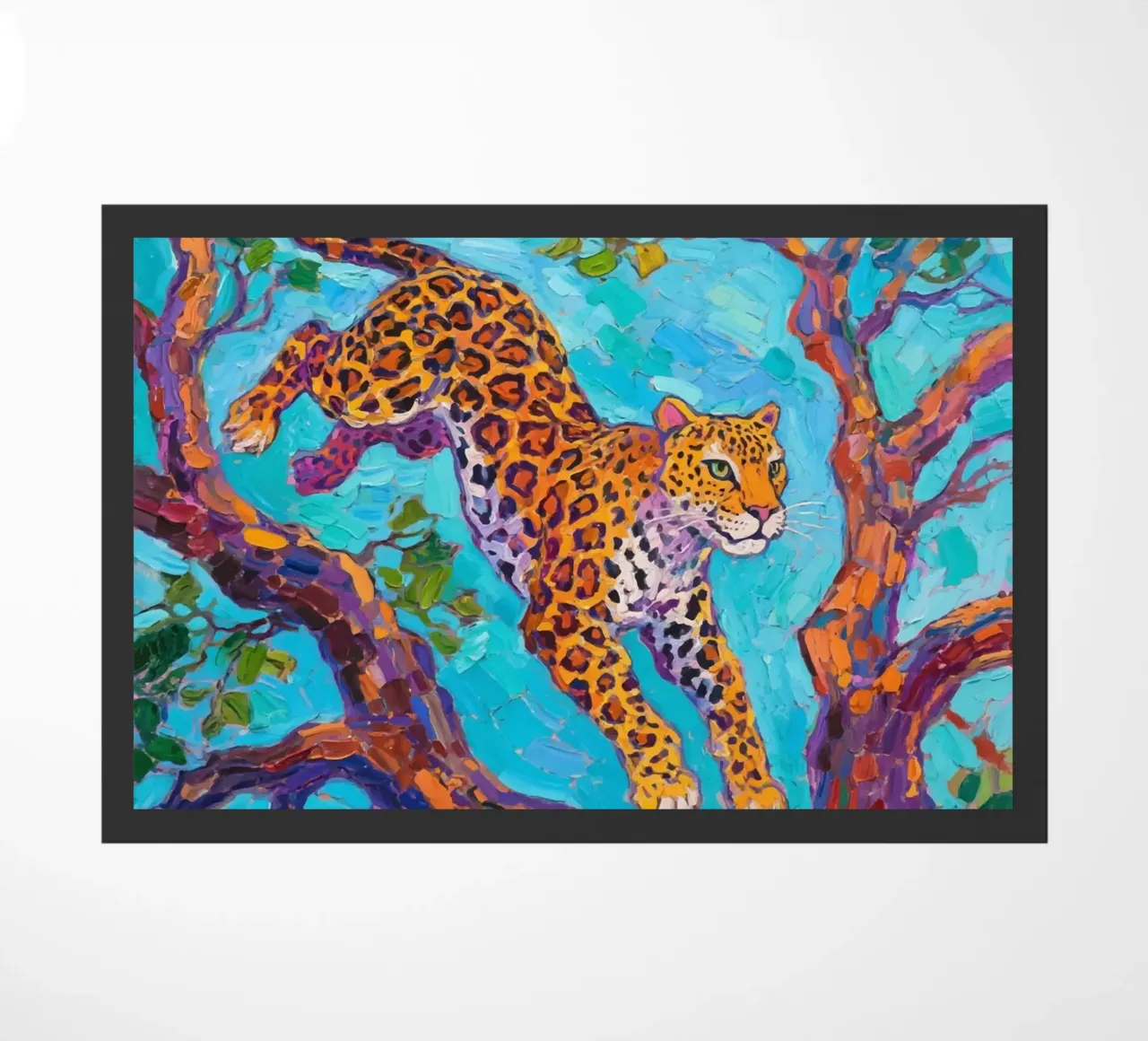 Leopard jumping between tree doormat by Slash Shop