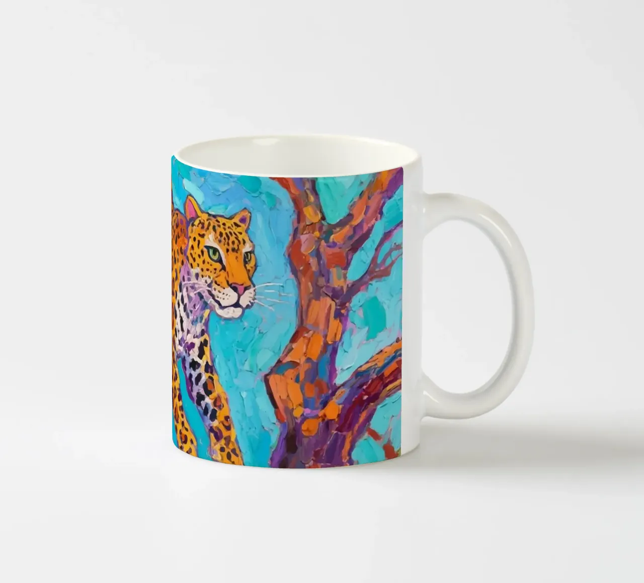Leopard jumping between tree ceramic mug by Slash Shop
